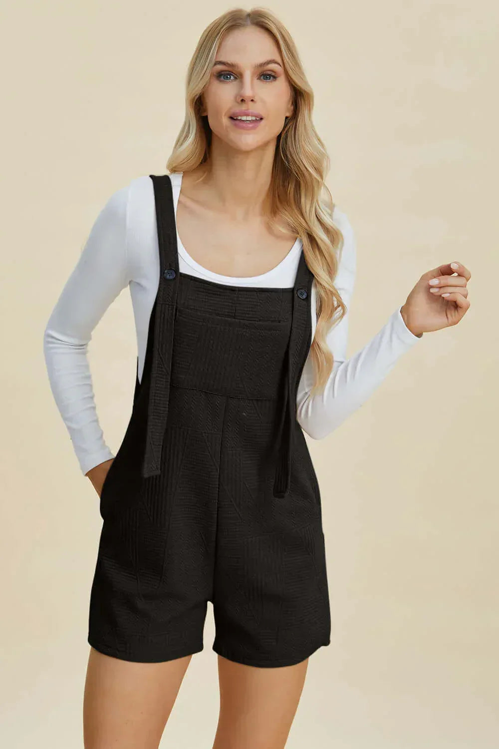 Double Take Full Size Texture Sleeveless Romper Khaki / S