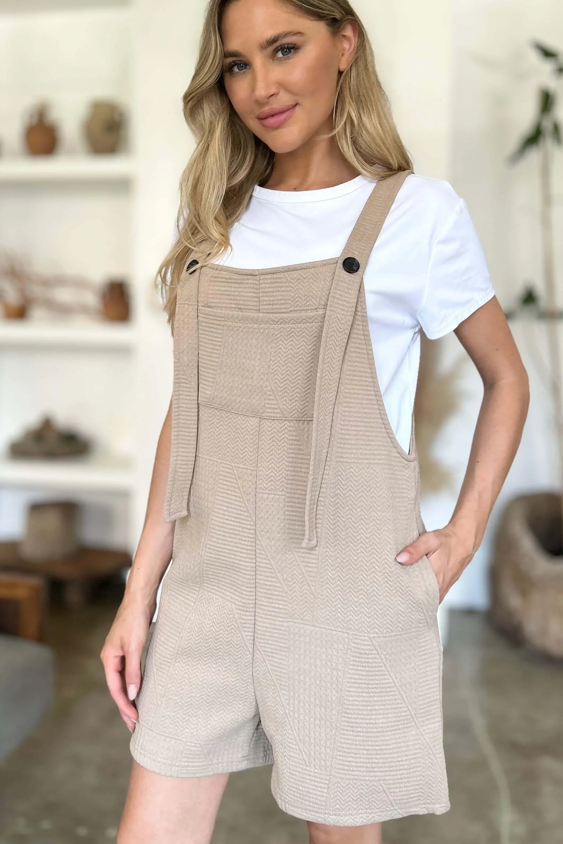 Double Take Full Size Texture Sleeveless Romper Khaki / S