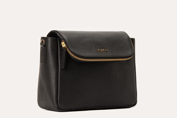Women’s Fold Over Crossbody Bag – Genuine Pebbled Leather Shoulder Purse, Black/Dark Brown