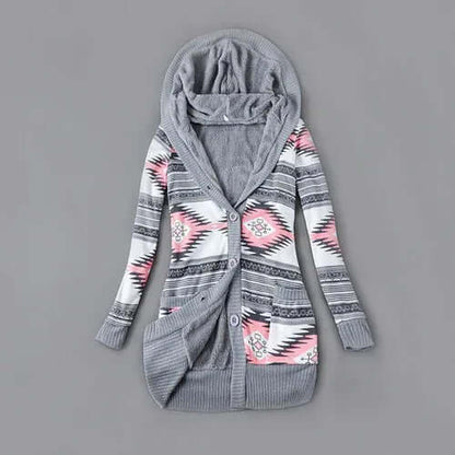 Autumn And Winter Jacket Printed Hooded Wool Liner Knit Midi Length S / Ash powder