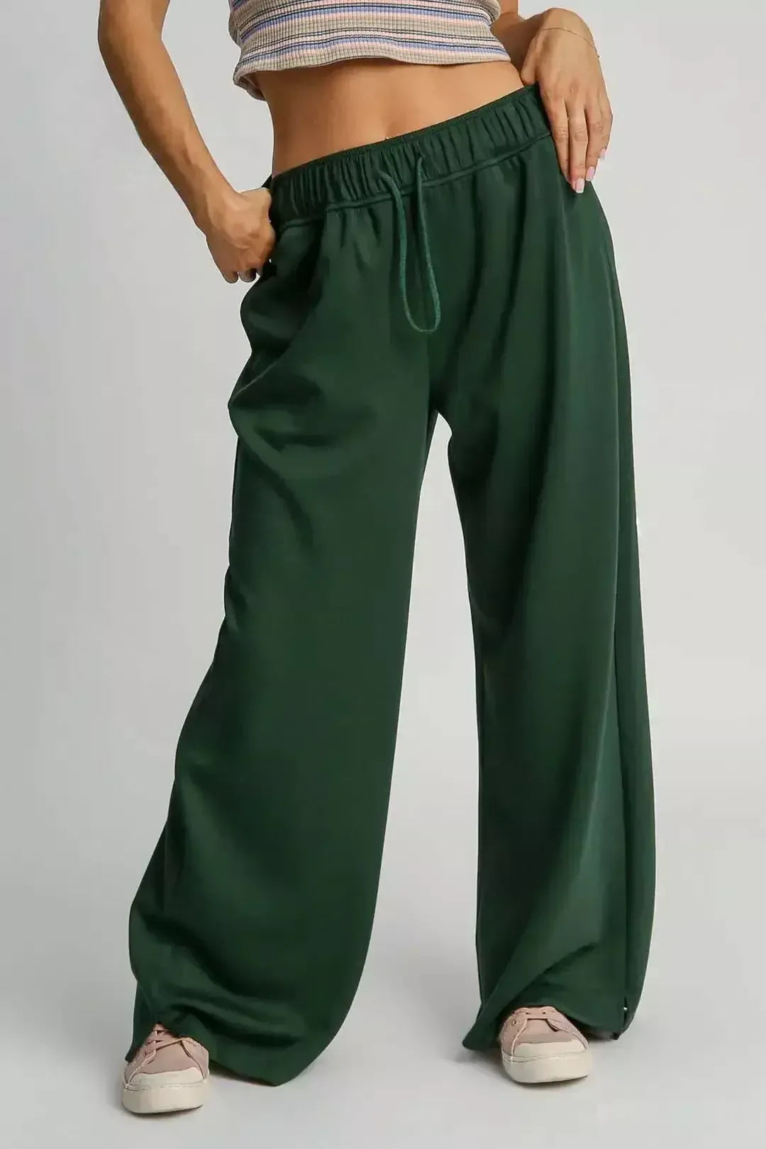 Umgee Elastic Drawstring Waistband Wide Leg Pants EVERGREEN / S