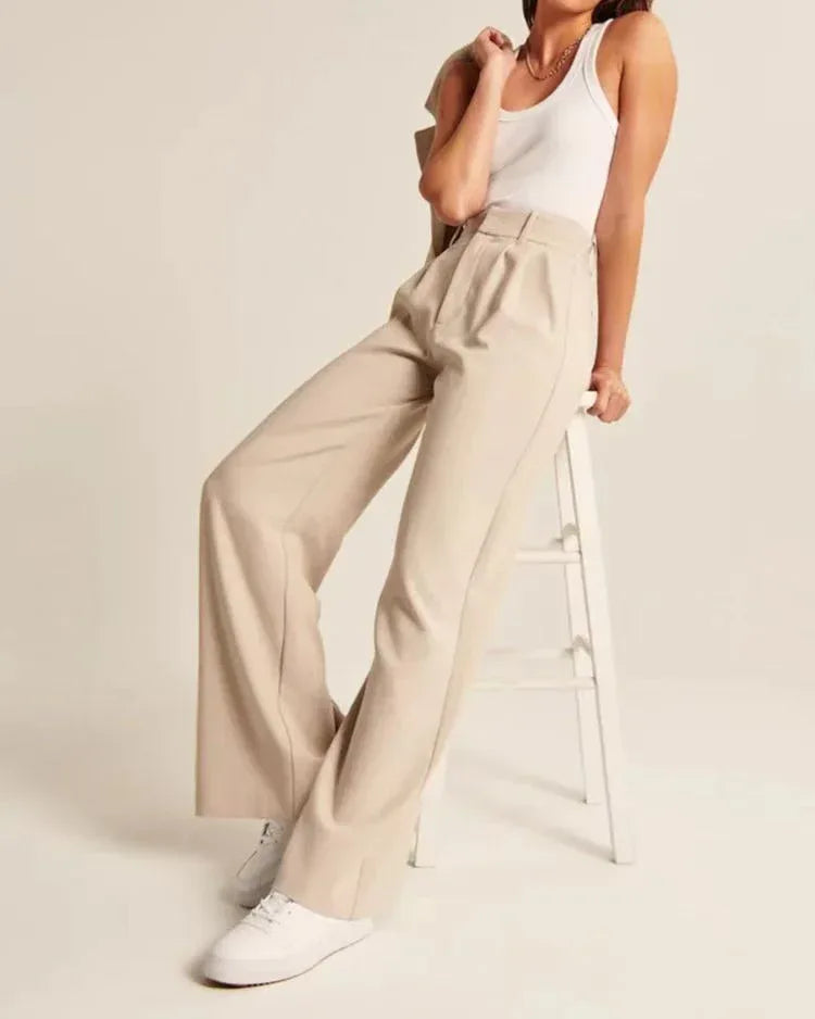 High Waist Straight Trousers With Pockets Wide Leg Casual Pants For S / White