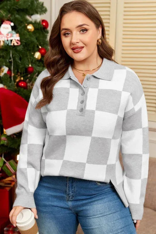 Plus Size Checker Buttoned Polo Collar Sweater 1X / Gray