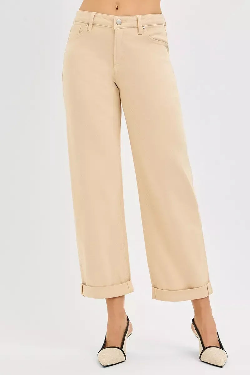 RISEN Tummy Control Mid Rise Ankle Barrel Relaxed Baggy BUTTER MILK / 0