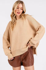 Mittoshop Side Slit Round Neck Drop Shoulder Sweater Tan / S