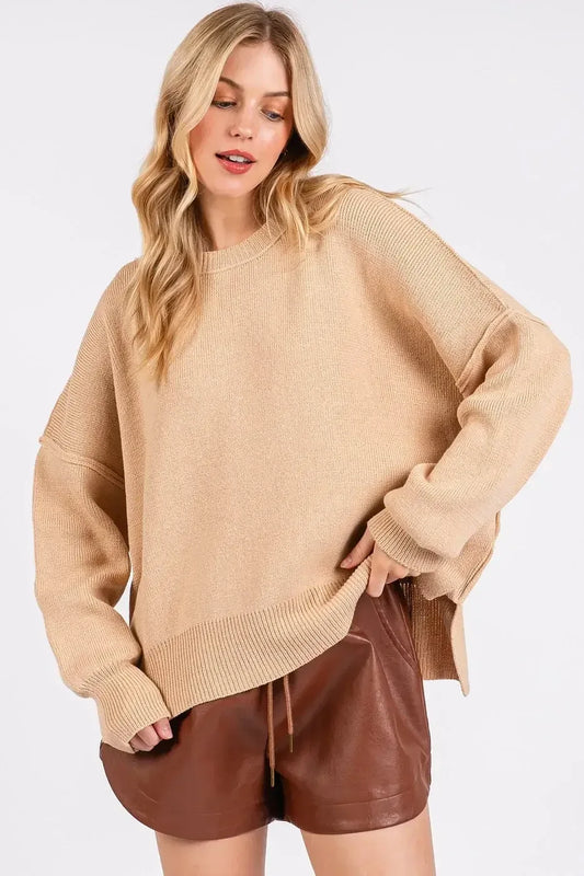 Mittoshop Side Slit Round Neck Drop Shoulder Sweater Tan / S