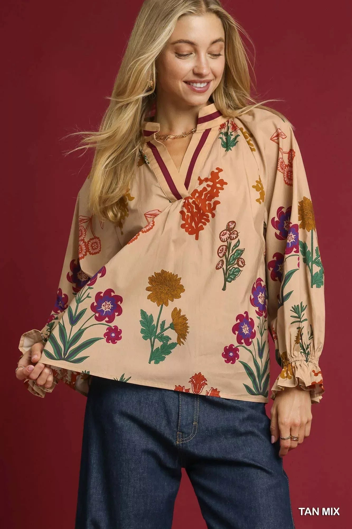 Umgee Floral Print Flounce Sleeve Blouse TAN MIX / S