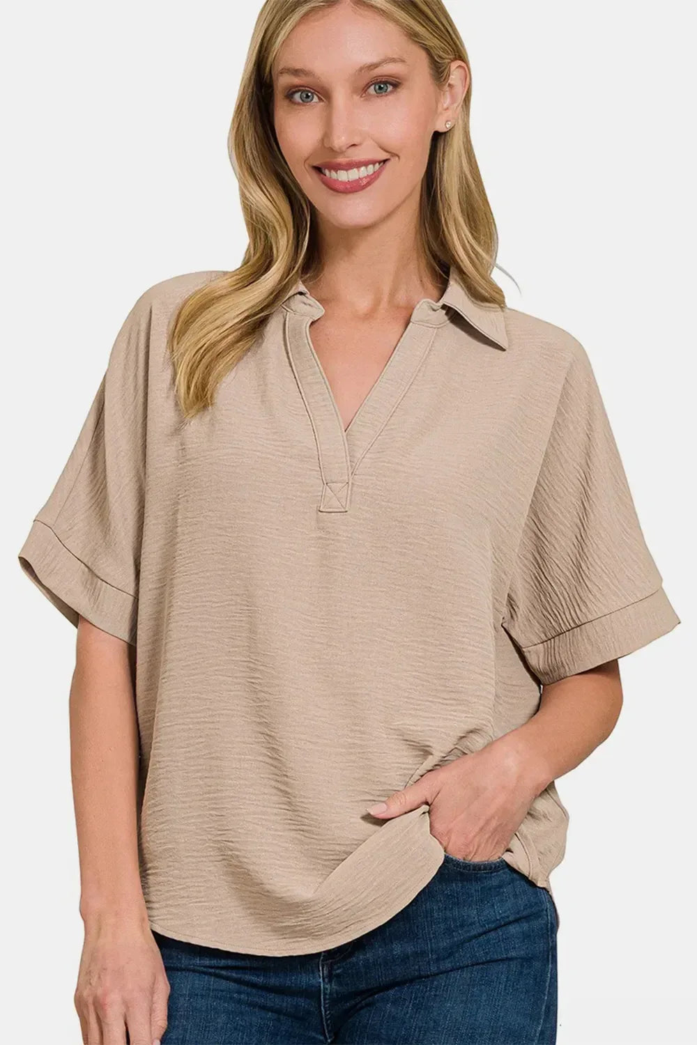 Zenana Texture Collared Neck Short Sleeve Top Ash Mocha / S