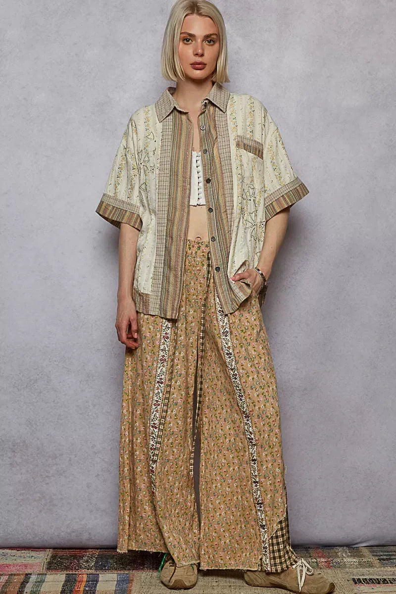 POL Printed Button Down Patchwork Short Sleeve Shirt CREAM MULTI / S