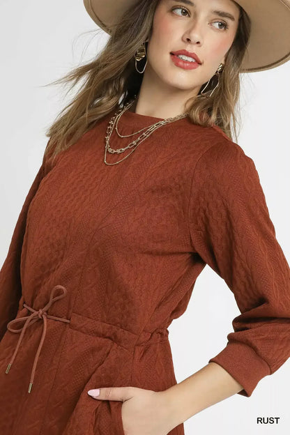 Umgee Drawstring Cable Knit Mini Dress with Pockets Rust / XS