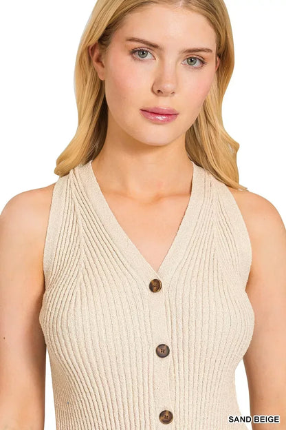 Zenana Ribbed Knit Button-Down Sweater Vest SAND BEIGE / S