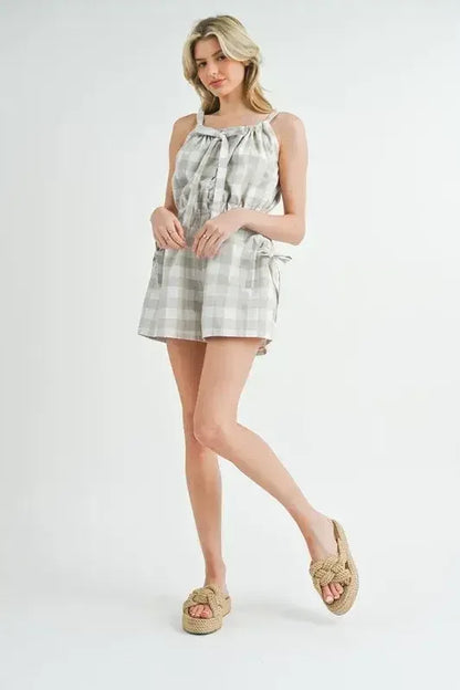 MABLE Plaid Sleeveless Button Down Romper Lt Taupe / S
