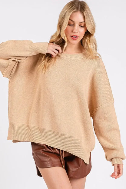 Mittoshop Side Slit Round Neck Drop Shoulder Sweater Tan / S