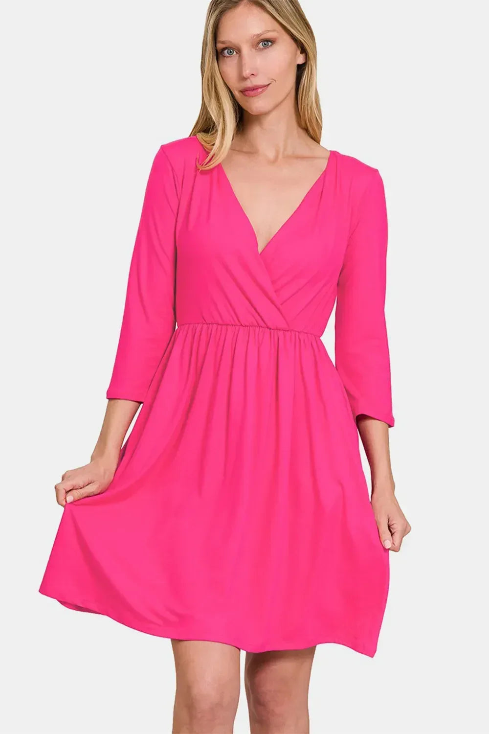 Zenana Three-Quarter Sleeve Surplice Dress with Pockets Hot Pink / S