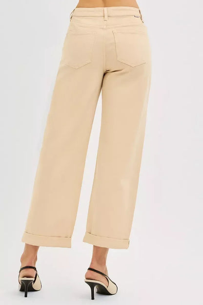 RISEN Tummy Control Mid Rise Ankle Barrel Relaxed Baggy BUTTER MILK / 0