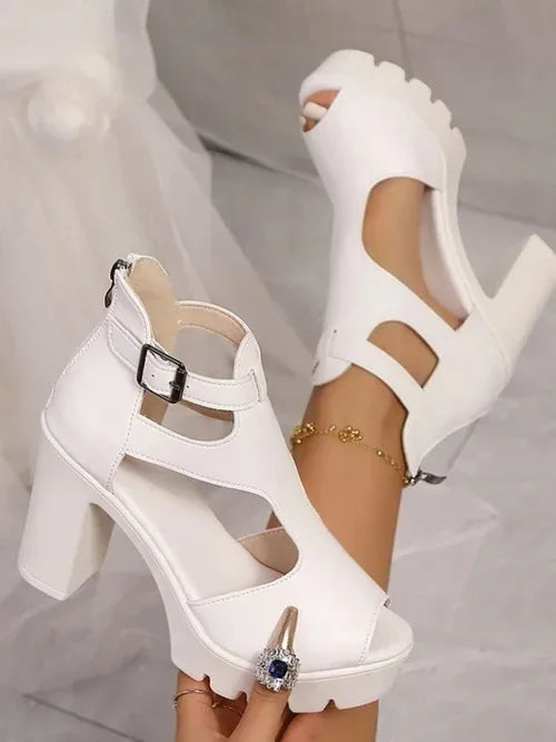Cutout Block : Heels Sandals 9 / White