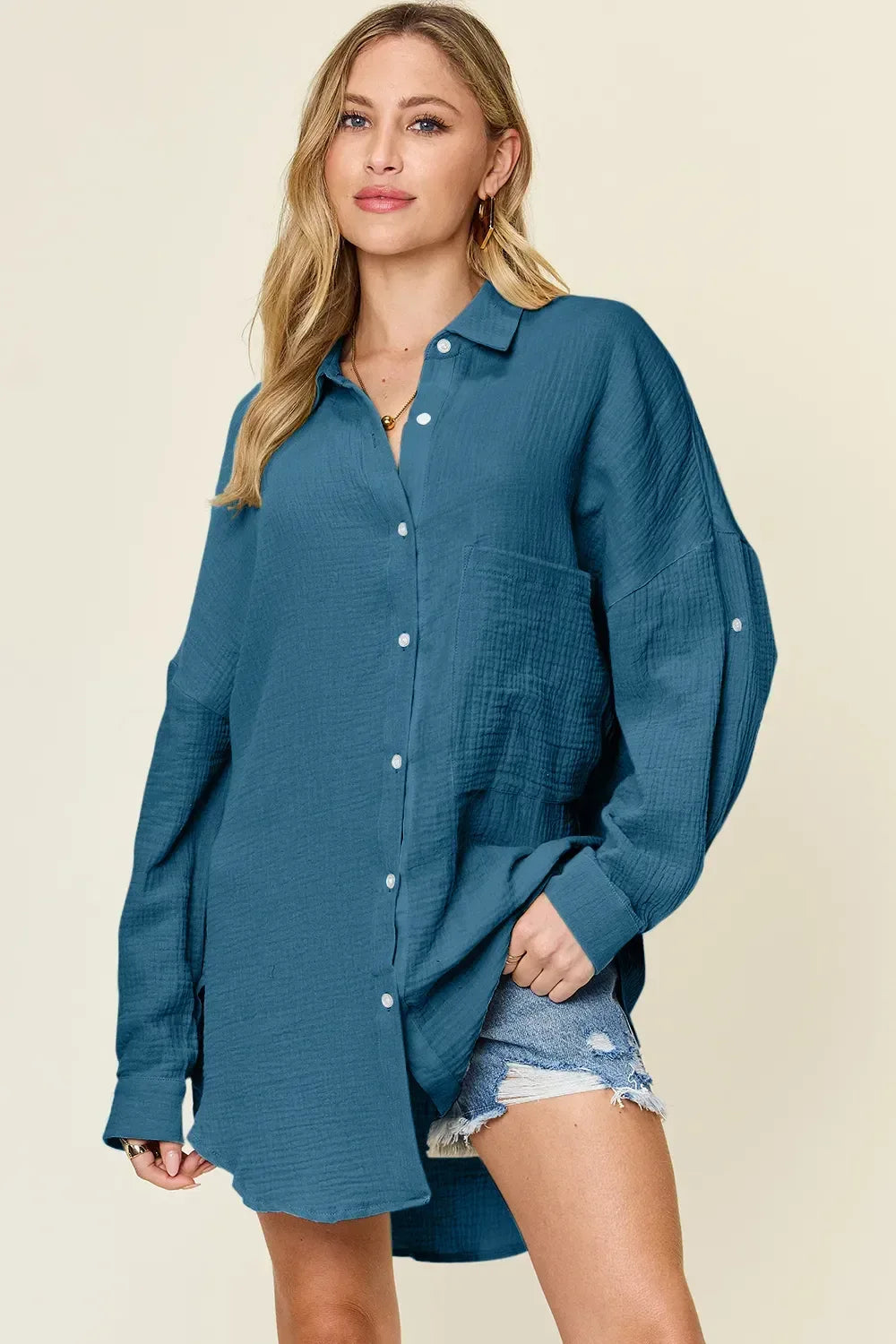 Double Take Full Size Pocketed Texture Button Up Shirt Teal / S