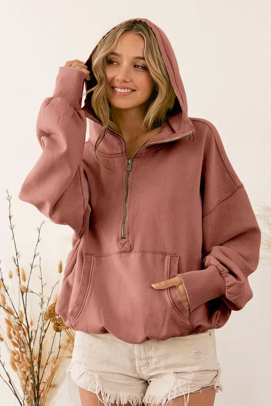 BiBi Stitch Detailed Elastic Hem Half Zip Fleece Hoodie TERRACOTTA / S