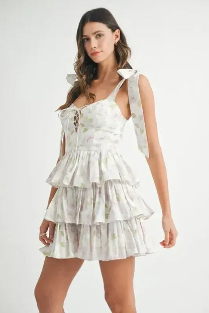 MABLE Floral Print Shoulder Tie Layered Mini Dress Off White / M