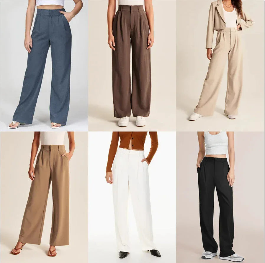 High Waist Straight Trousers With Pockets Wide Leg Casual Pants For S / White