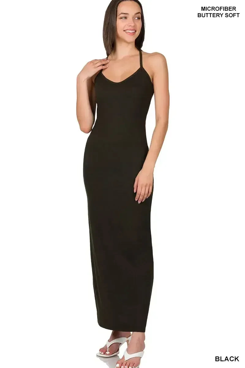 Zenana Brushed Dty Thin Strap Racerback V-Neck Maxi Dress BLACK / S
