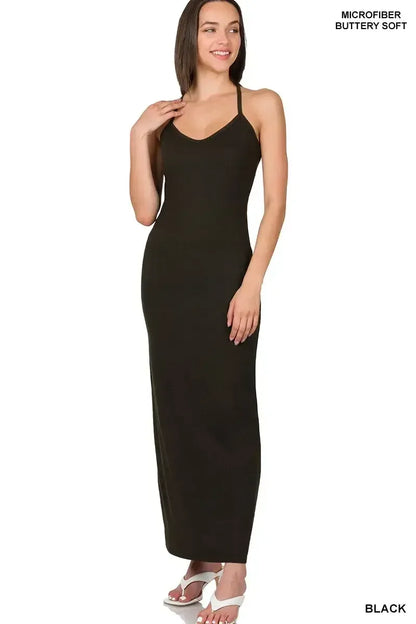 Zenana Brushed Dty Thin Strap Racerback V-Neck Maxi Dress BLACK / S