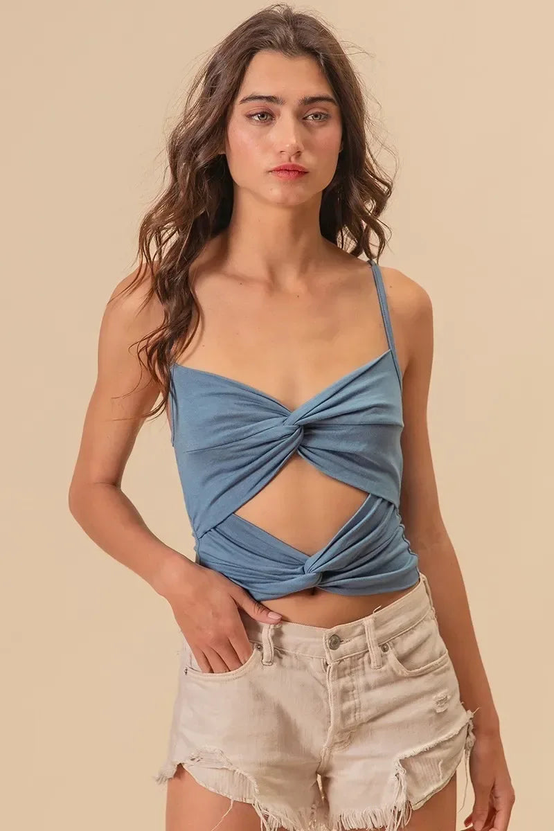 BiBi Rayon Span Jersey Knit Double Twist Front Cami Top DENIM / S