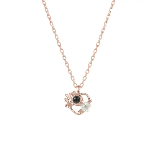 925 Silver Heart Projection Necklace Custom Photo Flower Pendant for Women Rose Gold / Copper / 50cm