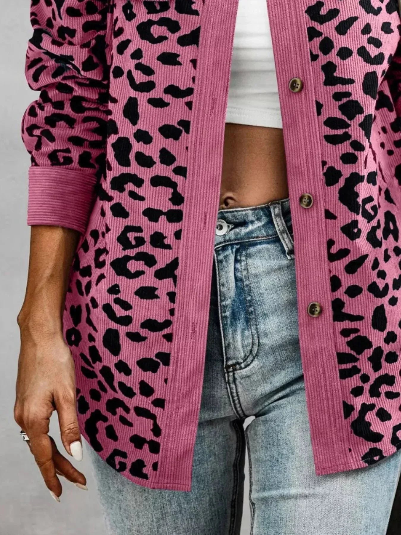 Full Size Leopard Print Button-Down Jacket Plus Size 3XL / Brown