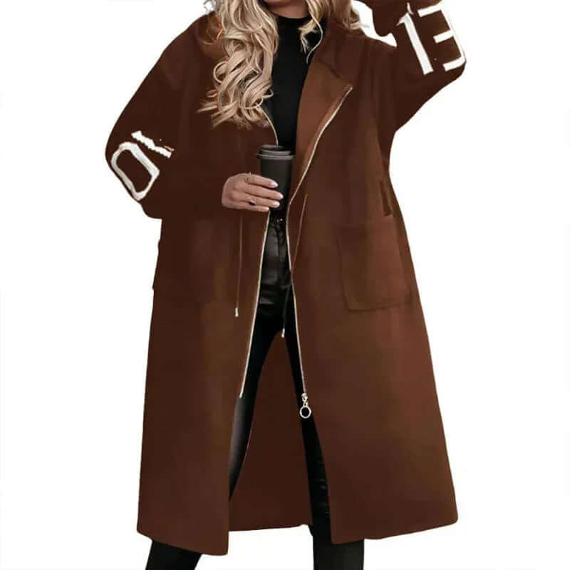 Women's Long Sleeve Letter Print Hooded Coat With Pockets - Zip Front S / Black