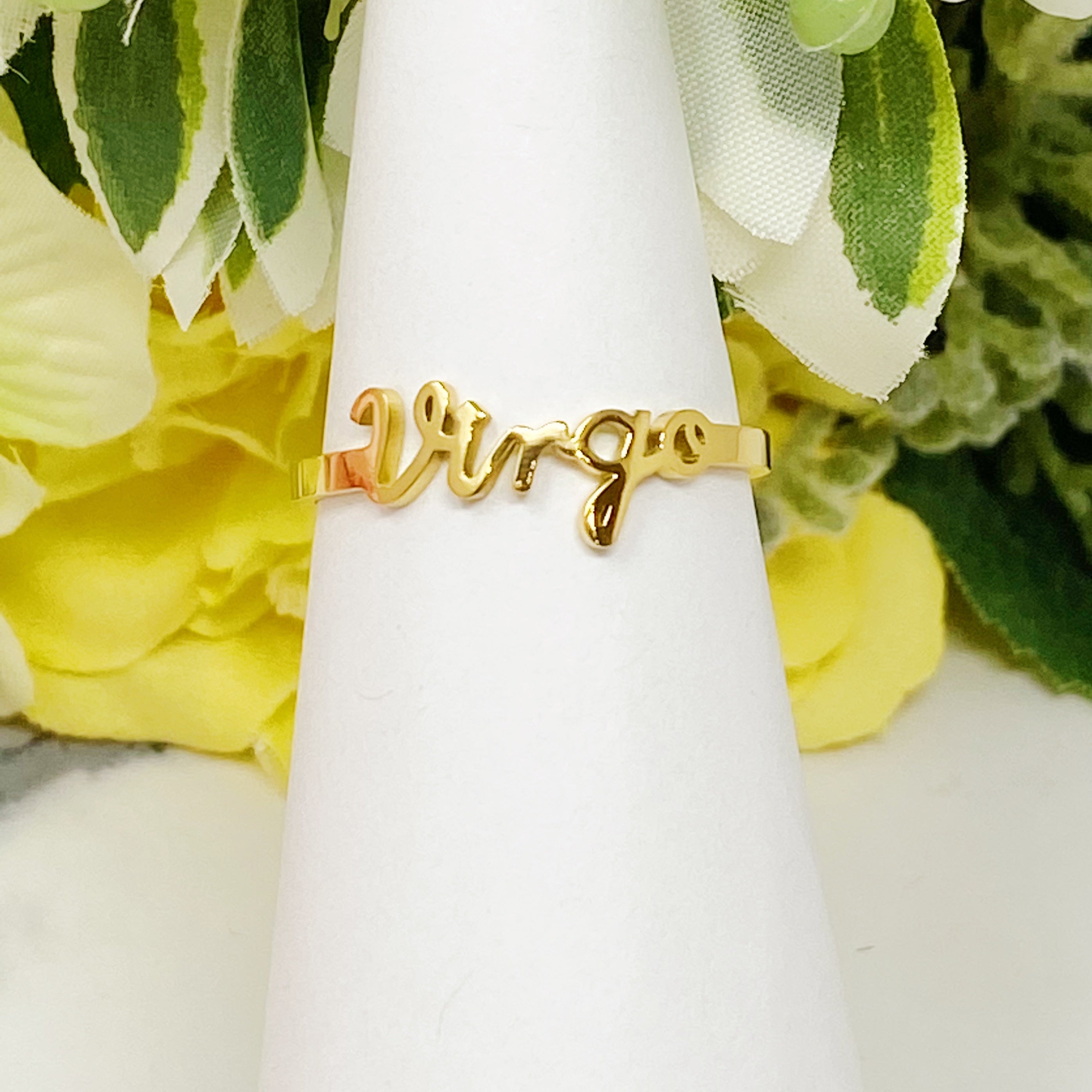 Elegant Scripted Zodiac Ring – Adjustable 18K Gold Plated Stainless Steel