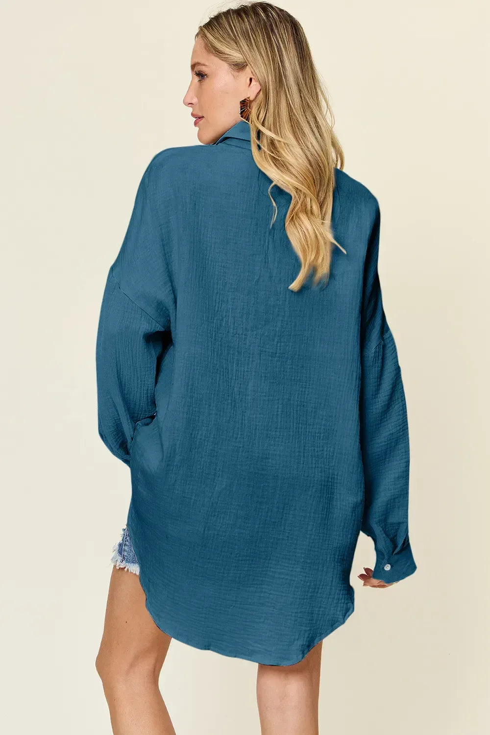 Double Take Full Size Pocketed Texture Button Up Shirt Teal / S