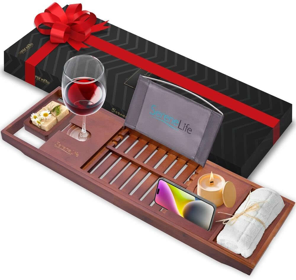 Shopminx Bamboo Bathtub Caddy Tray – Expandable Waterproof Bath Tray with Wine Glass Holder, Tablet Stand & Removable Accessory Slots – Eco-Friendly, Adjustable & Durable Default Title