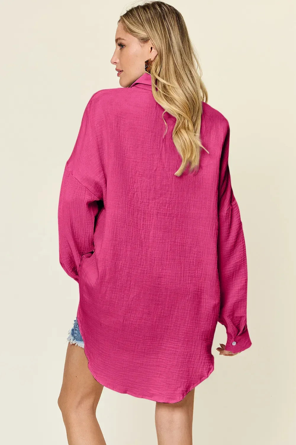 Double Take Full Size Pocketed Texture Button Up Shirt Teal / S