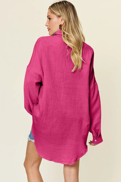 Double Take Full Size Pocketed Texture Button Up Shirt Teal / S