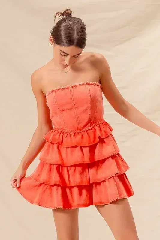 SO ME Strapless Ruffle Layered Game Day Cheer Up Dress ORANGE / S