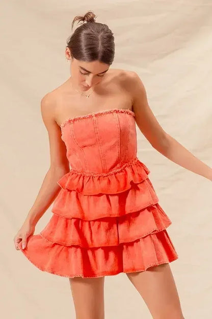 SO ME Strapless Ruffle Layered Game Day Cheer Up Dress ORANGE / S