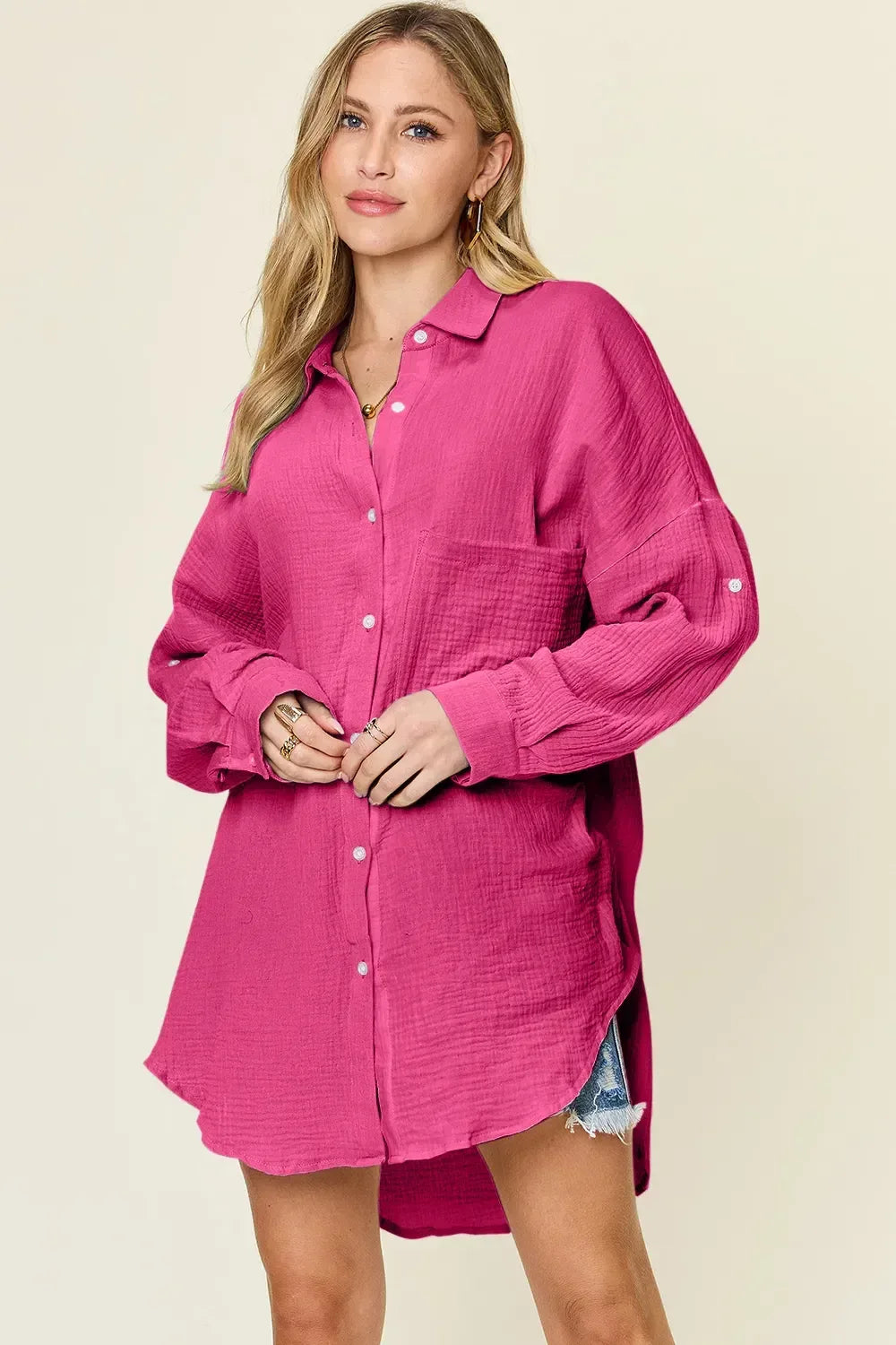 Double Take Full Size Pocketed Texture Button Up Shirt Teal / S