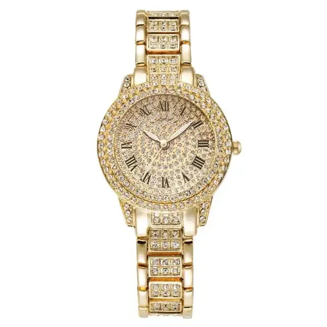 Diamond Crystals Watch and Bracelet Set 1Piece Gold Watch A