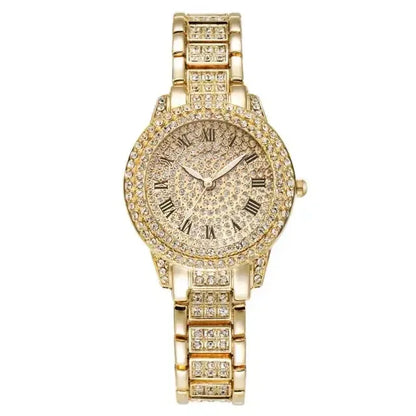 Diamond Crystals Watch and Bracelet Set 1Piece Gold Watch A