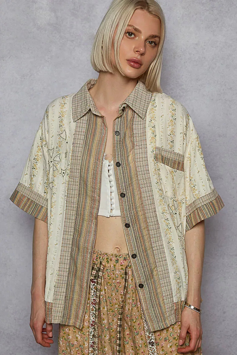 POL Printed Button Down Patchwork Short Sleeve Shirt CREAM MULTI / S
