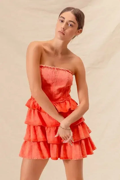 SO ME Strapless Ruffle Layered Game Day Cheer Up Dress ORANGE / S