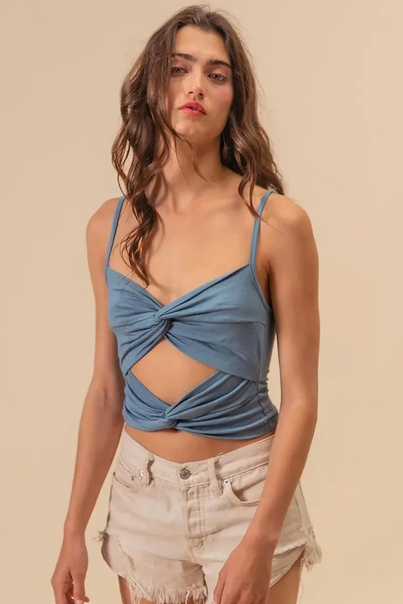 BiBi Rayon Span Jersey Knit Double Twist Front Cami Top DENIM / S