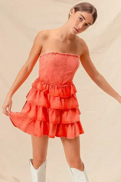 SO ME Strapless Ruffle Layered Game Day Cheer Up Dress ORANGE / S