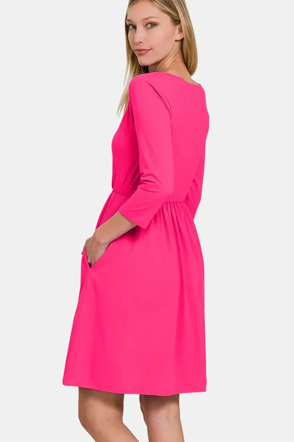 Zenana Three-Quarter Sleeve Surplice Dress with Pockets Hot Pink / S