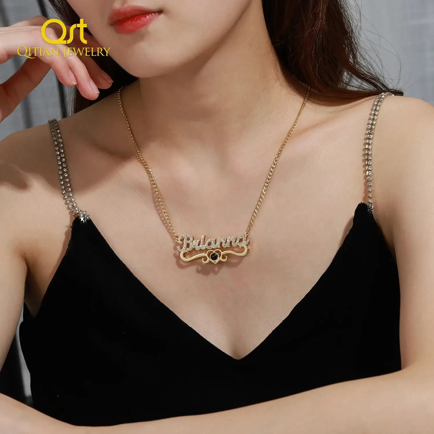 Shopminx Custom Name Projection Photo Necklace Gold Diamond Cuban Chain for Women Silver / United States / Cuban Chain 40cm