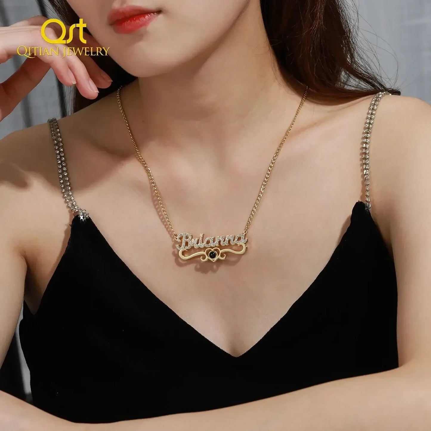 Custom Name Projection Photo Necklace Gold Diamond Cuban Chain for Women Silver / United States / Cuban Chain 40cm