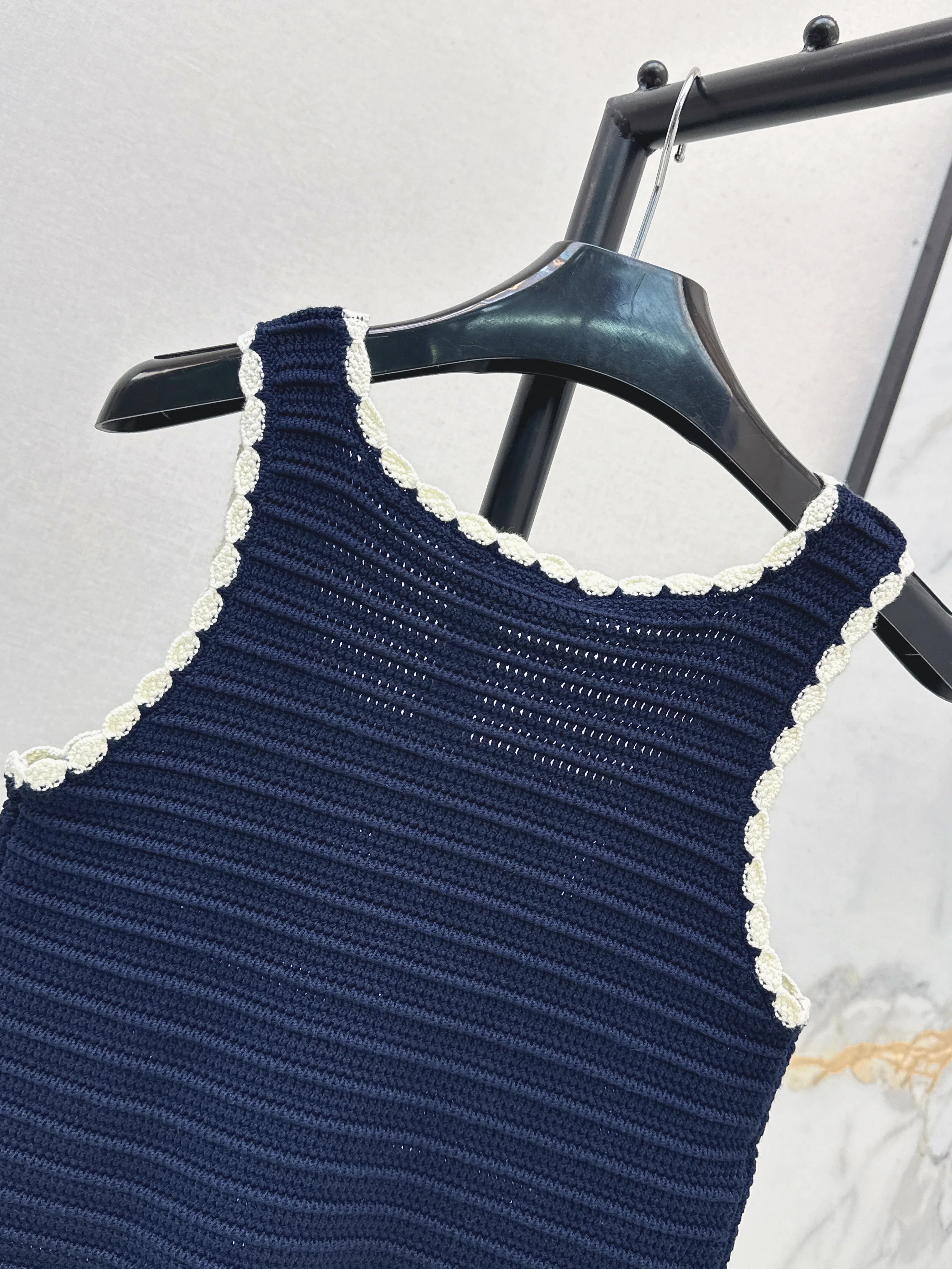 Summer Women’s Knitted Camisole Vest with Navy Blue and White Edging
