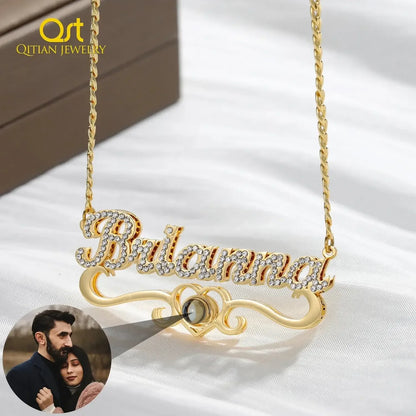 Custom Name Projection Photo Necklace Gold Diamond Cuban Chain for Women Silver / United States / Cuban Chain 40cm