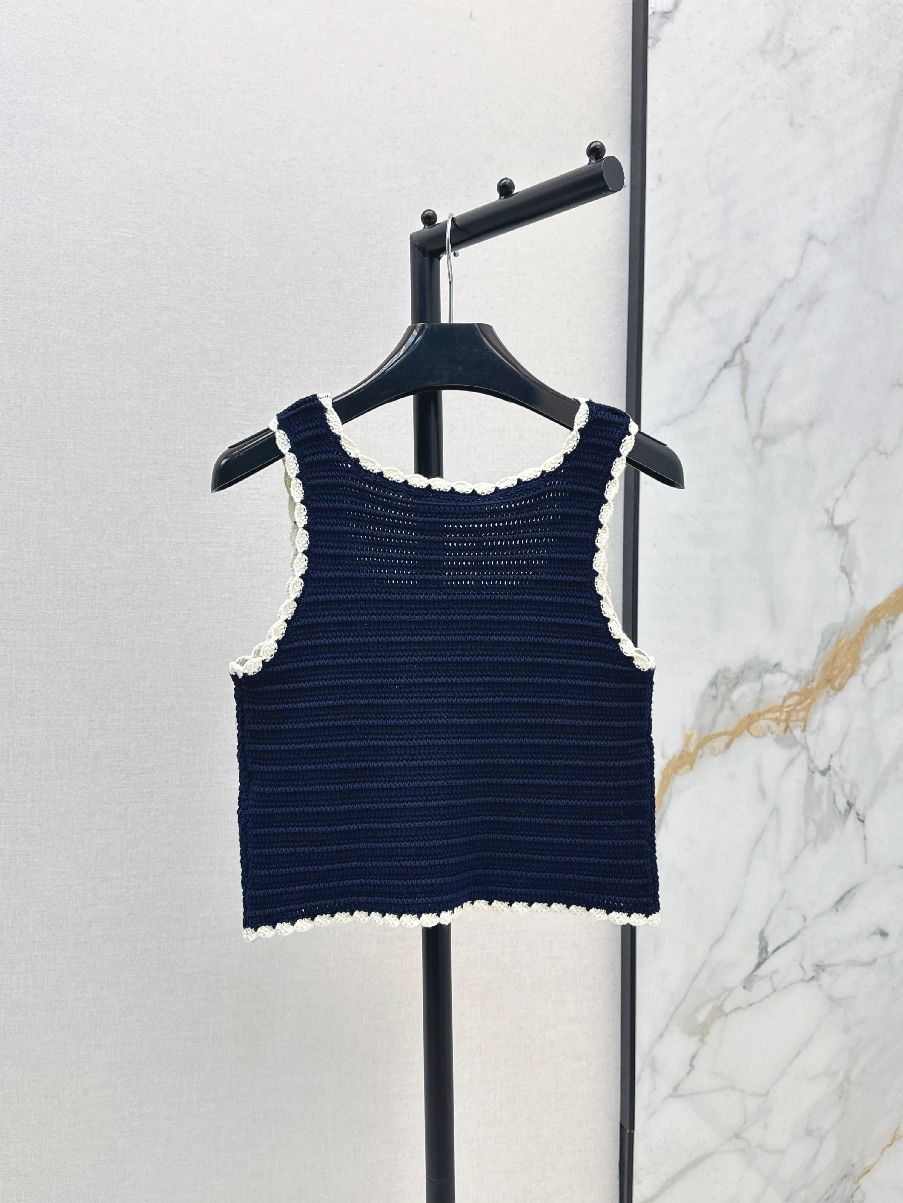 Summer Women’s Knitted Camisole Vest with Navy Blue and White Edging